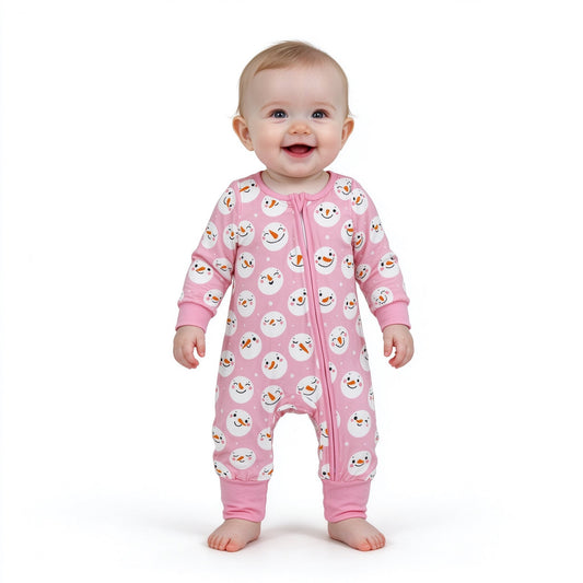 LR3165 Christmas Snowman Pink Baby Footie Sleepers Romper
