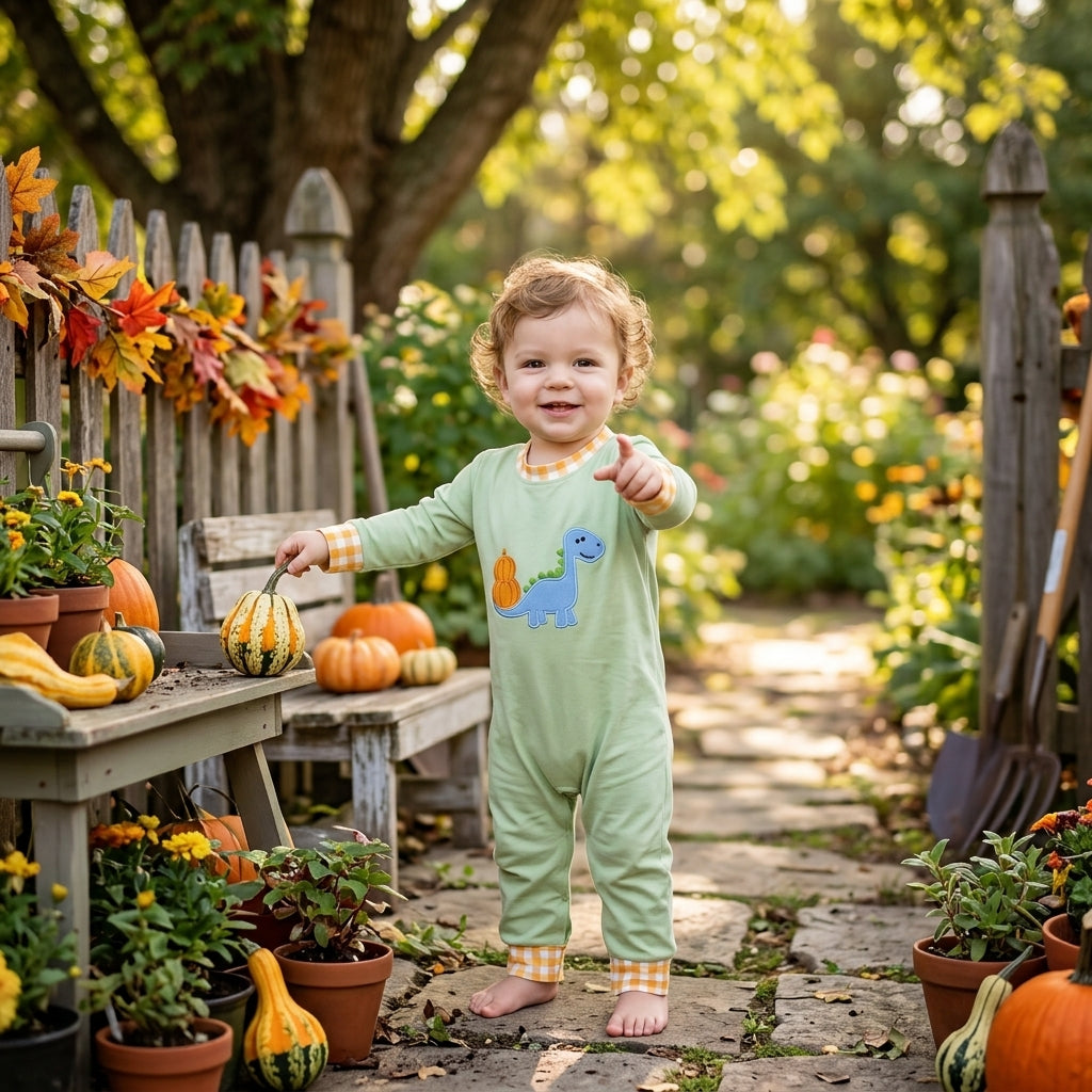 LR3168 Embroidery Fall Pumpkin Dinosaur Baby Boys Romper
