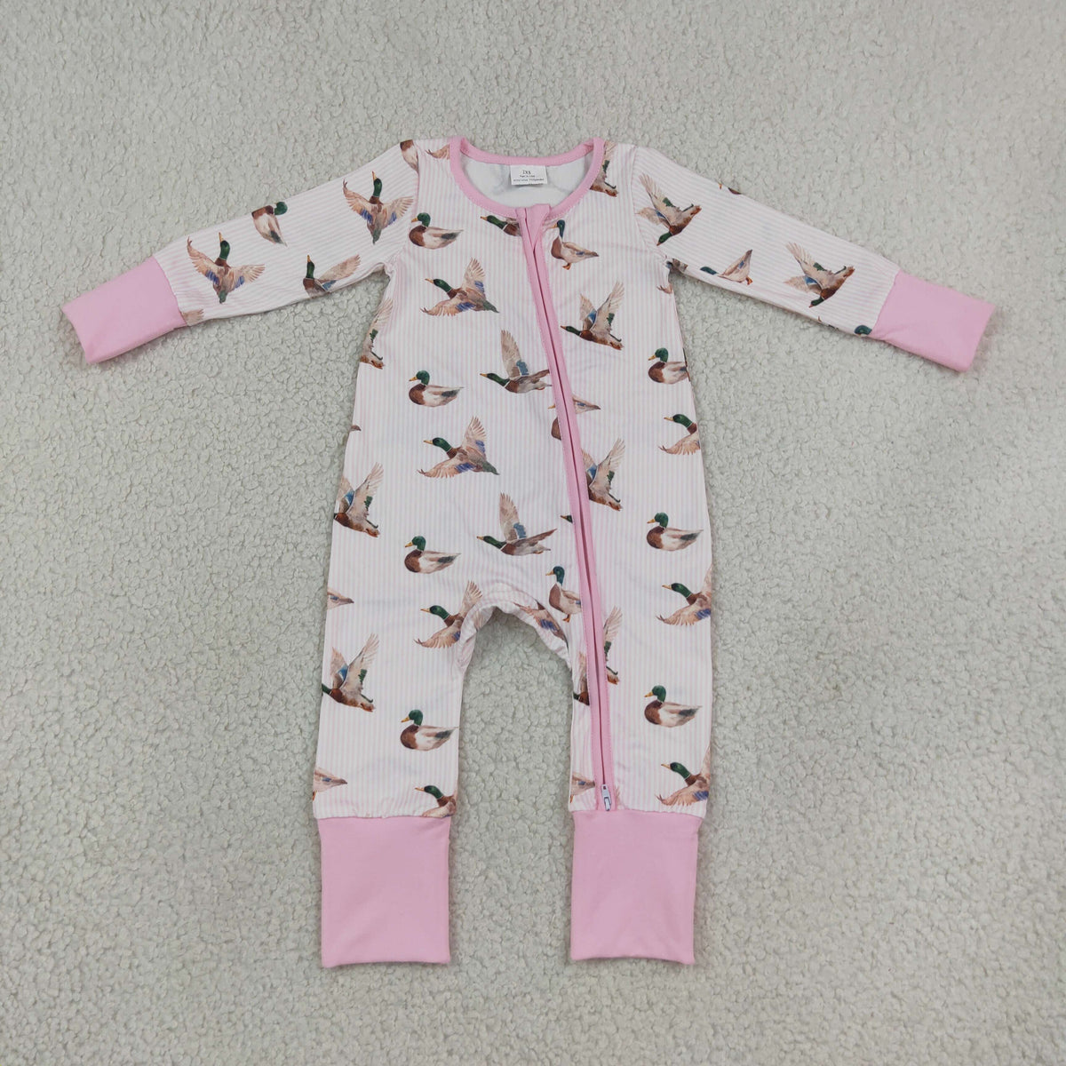LR3218 Mallard Ducks Stripe Pink Baby Footie Sleepers Romper