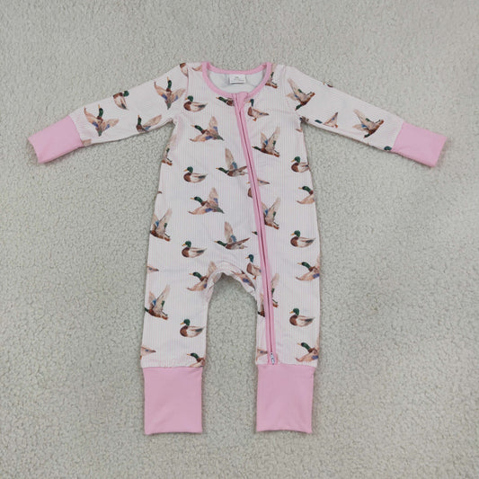 LR3218 Mallard Ducks Stripe Pink Baby Footie Sleepers Romper