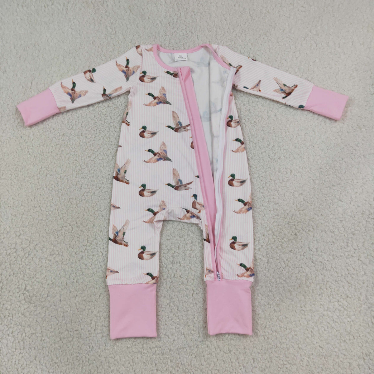 LR3218 Mallard Ducks Stripe Pink Baby Footie Sleepers Romper