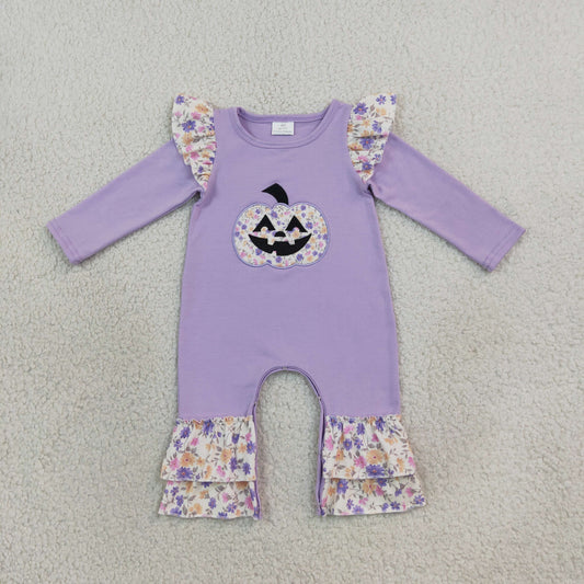 LR3221 Embroidery Halloween Pumpkin Flower Baby Girls Romper