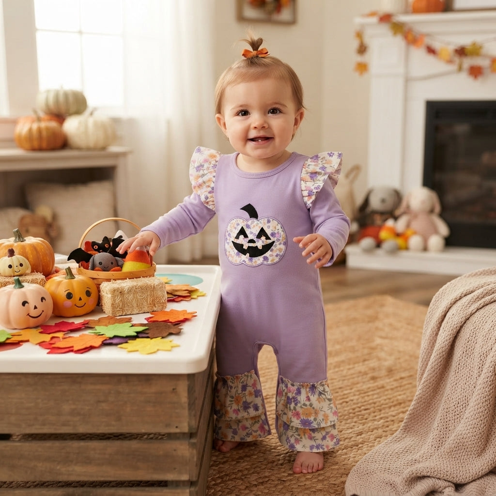 LR3221 Embroidery Halloween Pumpkin Flower Baby Girls Romper