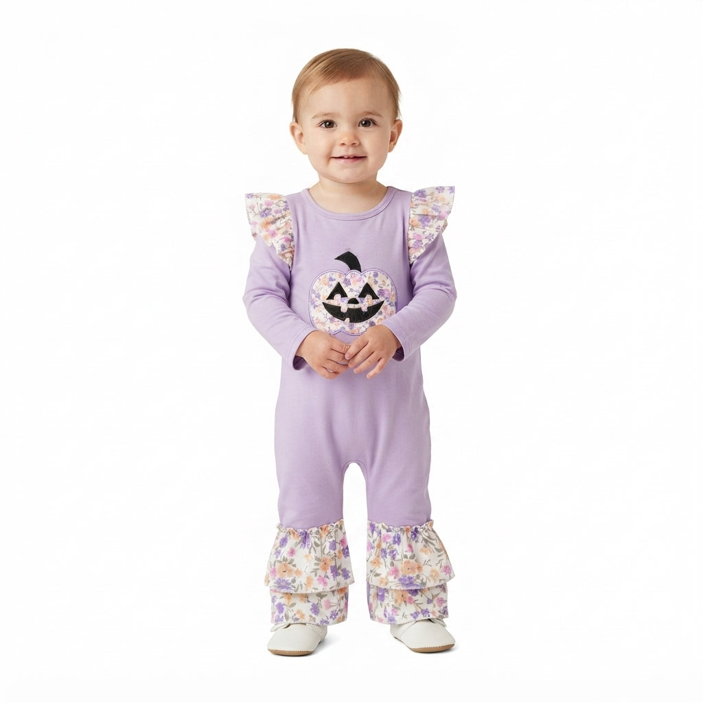 LR3221 Embroidery Halloween Pumpkin Flower Baby Girls Romper