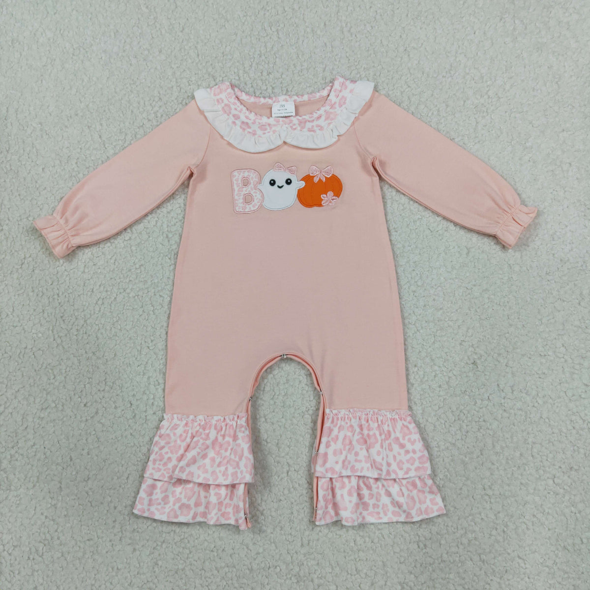 LR3223 Embroidery Halloween Boo Ghost Pumpkin Pink Baby Girls Romper