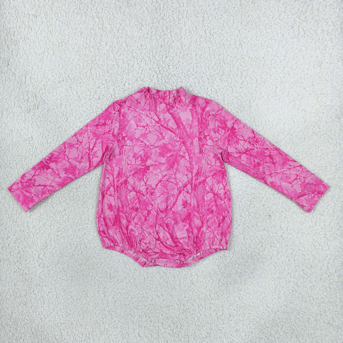 LR3224 Hunting Leaves Rose Red Middle Neckline Baby Girls Bubble Romper