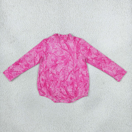 LR3224 Hunting Leaves Rose Red Middle Neckline Baby Girls Bubble Romper