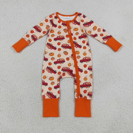LR3234 Pumpkin Trucks Baby Footie Sleepers Romper