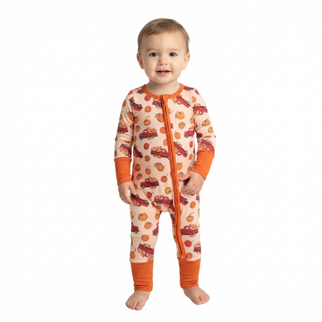 LR3234 Pumpkin Trucks Baby Footie Sleepers Romper
