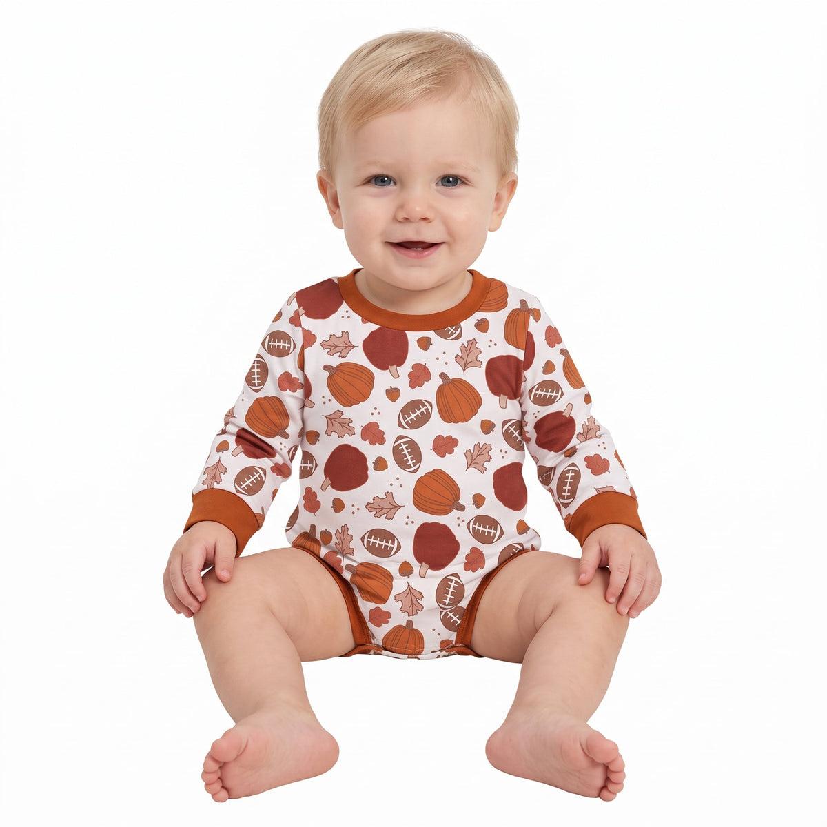 LR3235 Pumpkin Leaves Football Baby Boys Romper 202609 RTS