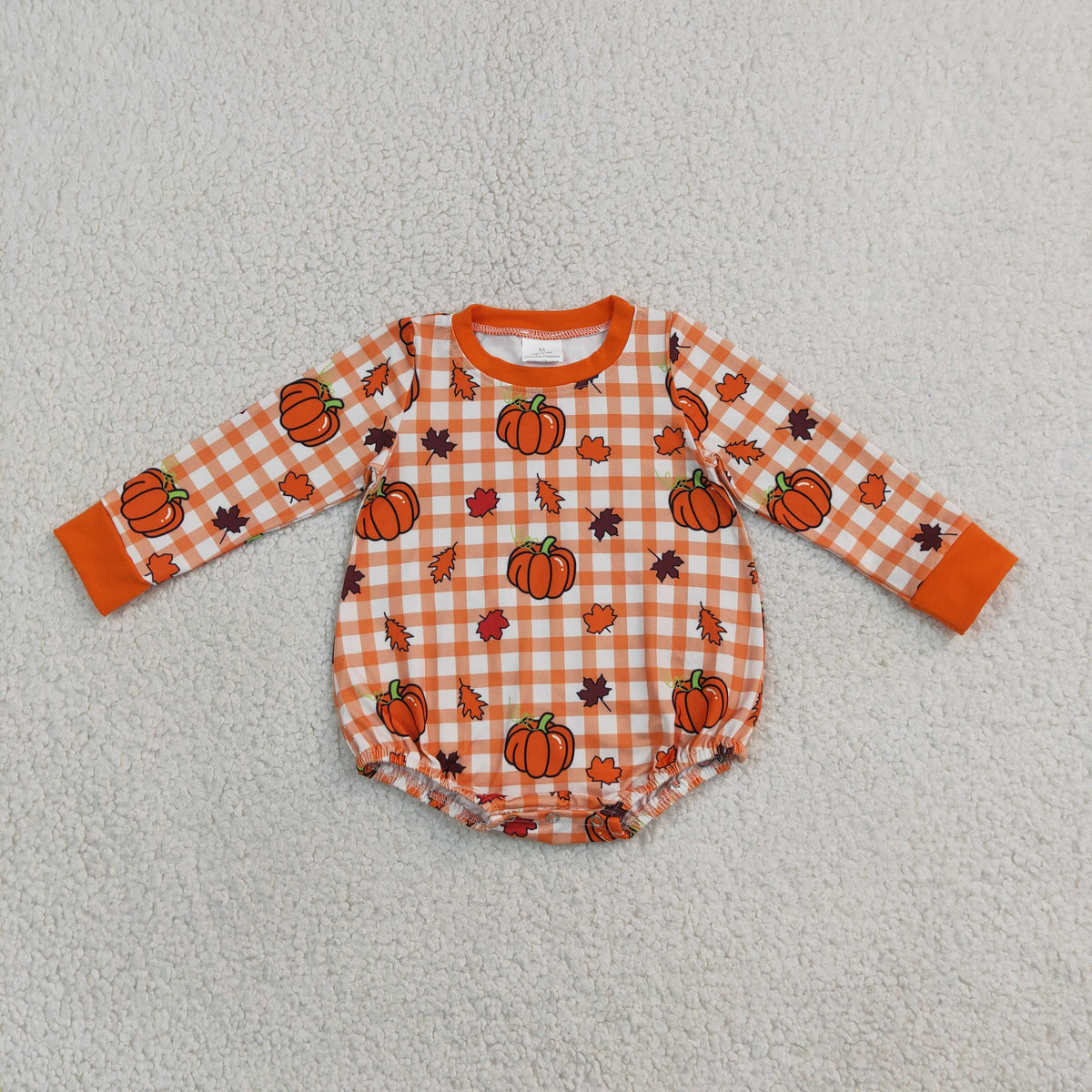 LR3236 Pumpkin Leaves Plaid Baby Boys Romper 202609 RTS