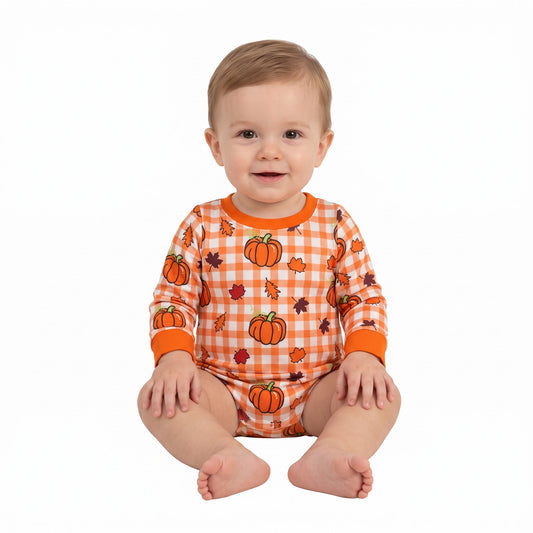 LR3236 Pumpkin Leaves Plaid Baby Boys Romper 202609 RTS