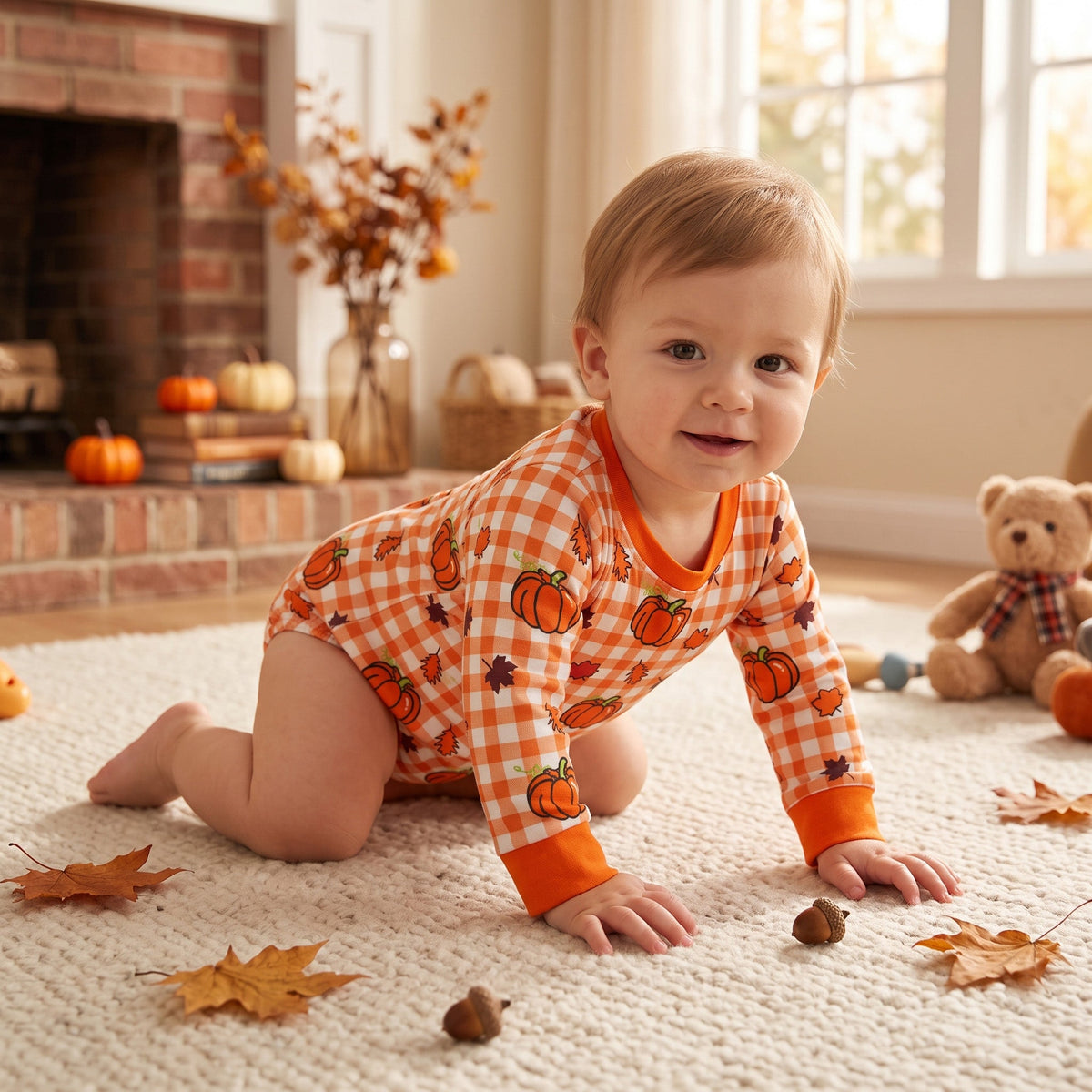 LR3236 Pumpkin Leaves Plaid Baby Boys Romper 202609 RTS
