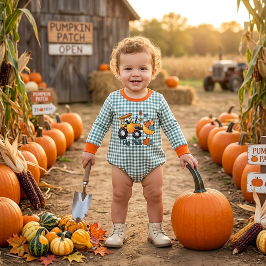 LR3237 I Dig Fall Pumpkin Baby Boys Romper