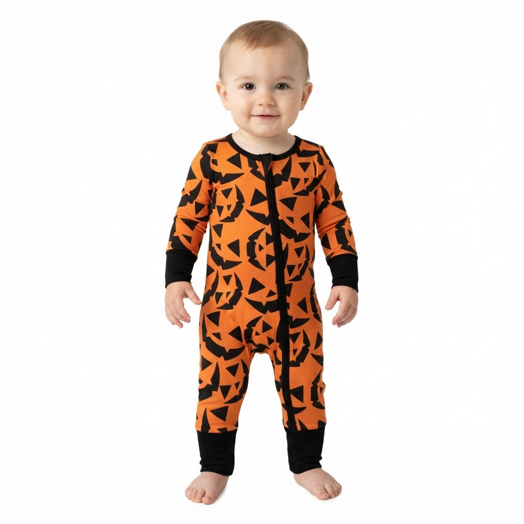 LR3243 Halloween Pumpkin Ghost Baby Footie Sleepers Romper