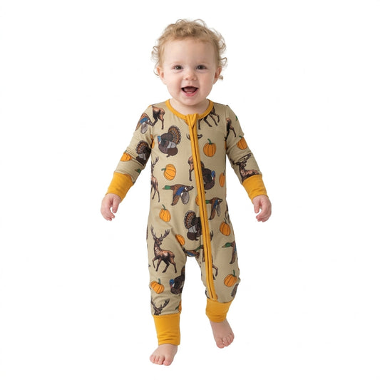 LR3251 Hunting Pumpkin Baby Footie Sleepers Romper
