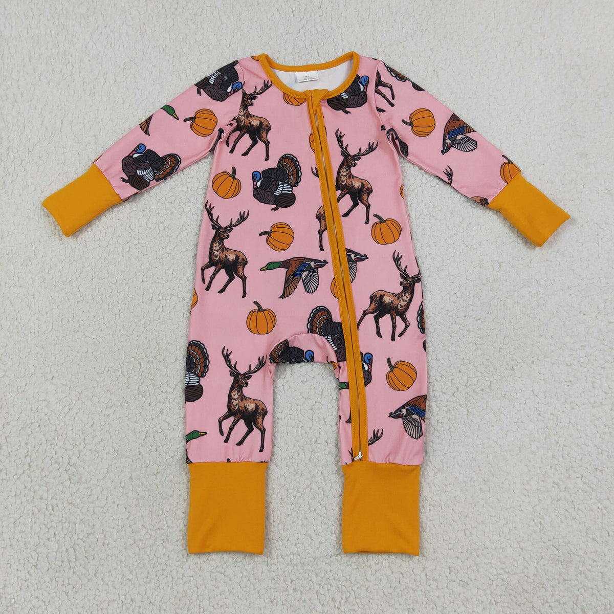 LR3252 Fall Pumpkin Hunting Print Baby Footie Sleepers Romper