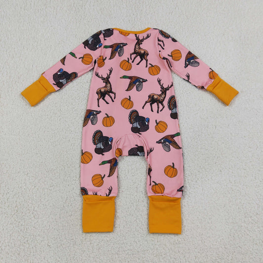 LR3252 Fall Pumpkin Hunting Print Baby Footie Sleepers Romper