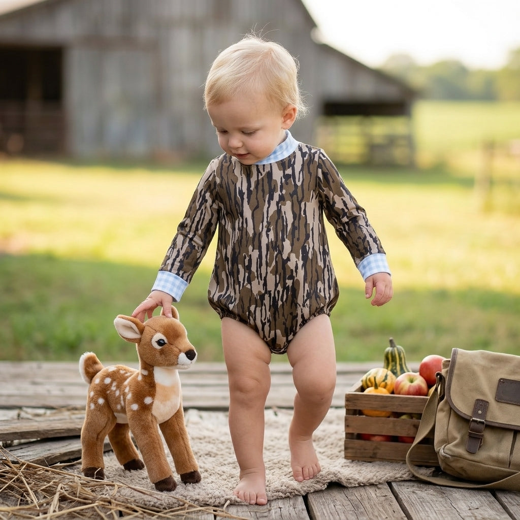LR3279 Hunting Camo Mockneck Baby Bubble Romper