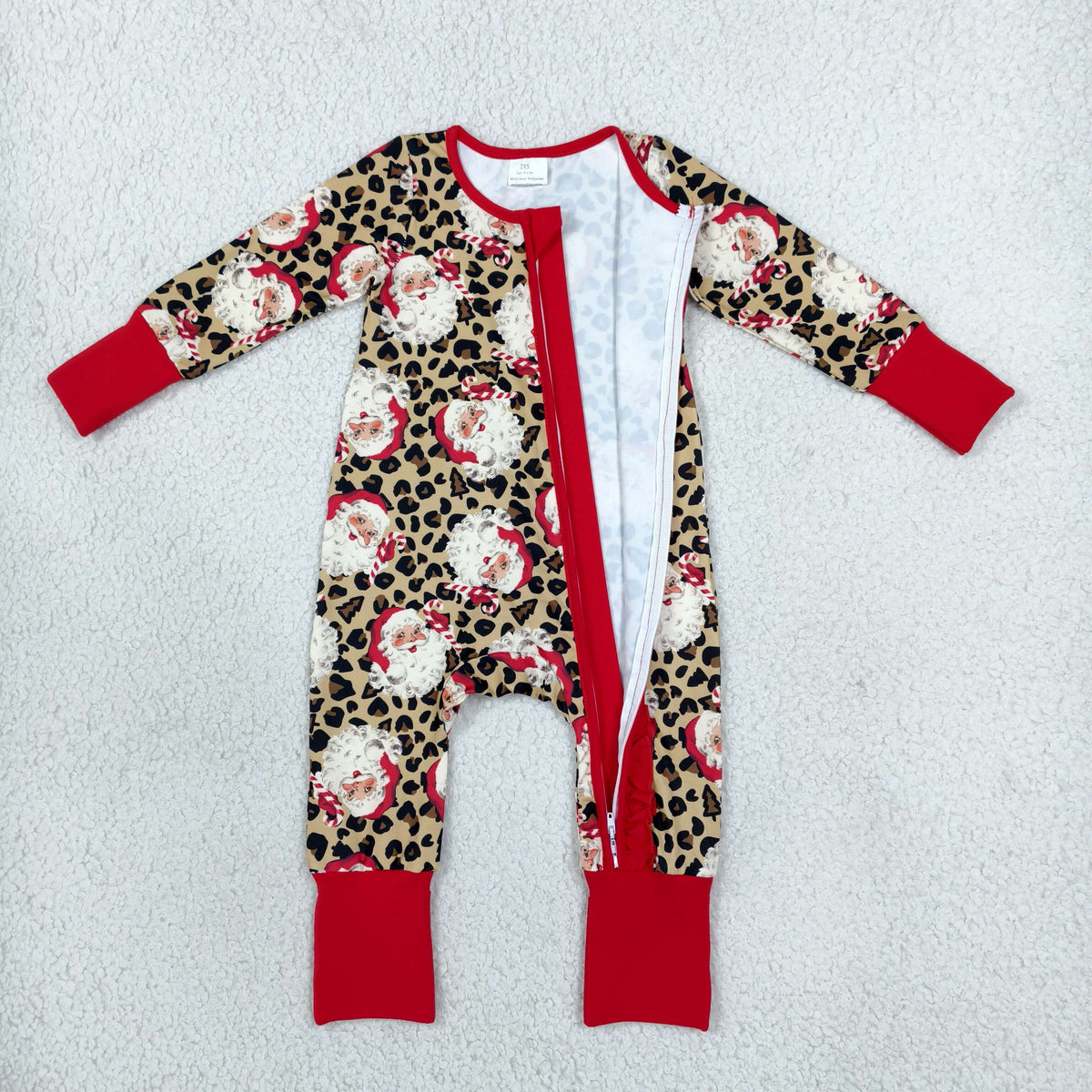 LR3302 Christmas Santa Leopard Red Ruffles Baby Footie Sleepers Romper