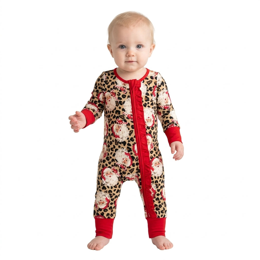 LR3302 Christmas Santa Leopard Red Ruffles Baby Footie Sleepers Romper