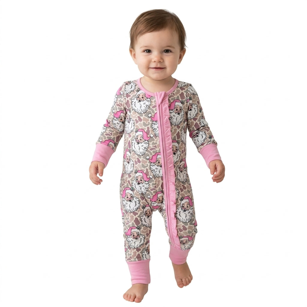 LR3305 Christmas Santa Camo Pink Ruffle Baby Footie Sleepers Romper