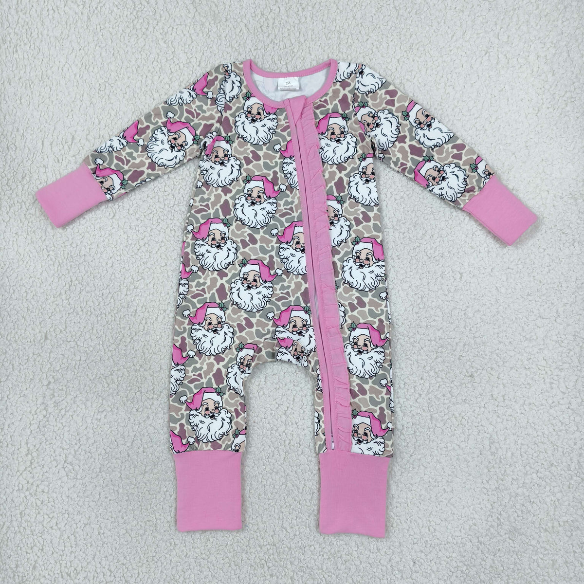 LR3305 Christmas Santa Camo Pink Ruffle Baby Footie Sleepers Romper