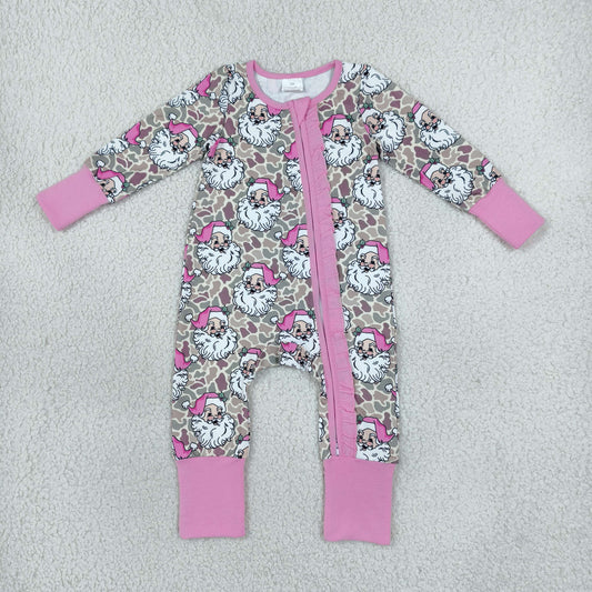 LR3305 Christmas Santa Camo Pink Ruffle Baby Footie Sleepers Romper