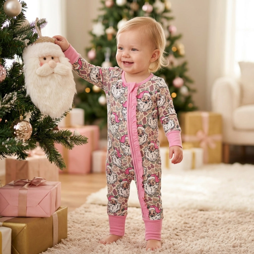 LR3305 Christmas Santa Camo Pink Ruffle Baby Footie Sleepers Romper