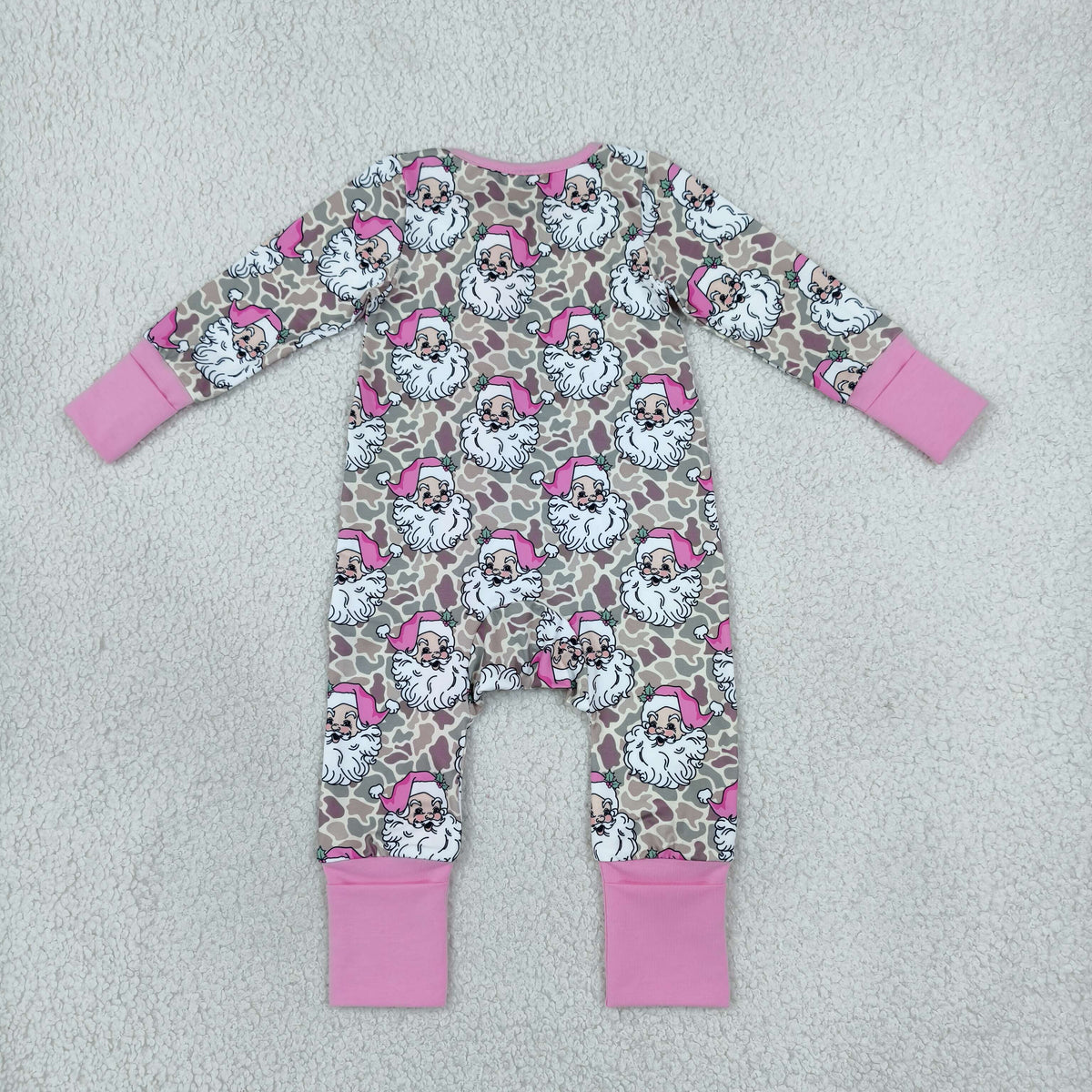 LR3305 Christmas Santa Camo Pink Ruffle Baby Footie Sleepers Romper