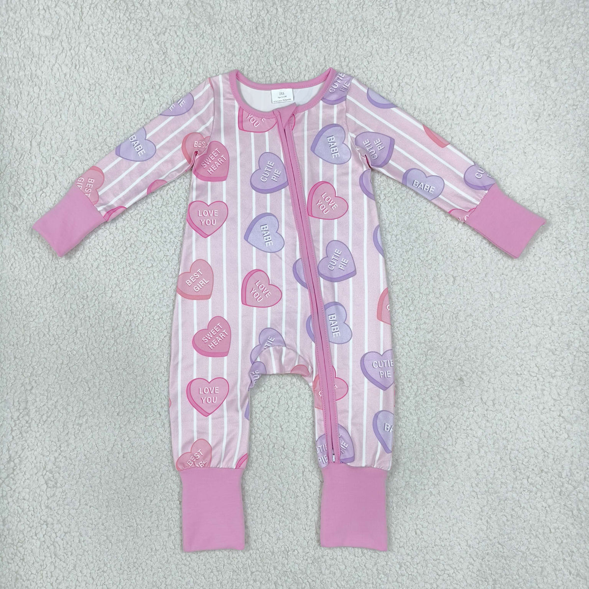 LR3325 Valentine's Love Stripe Pink Baby Footie Sleepers Romper