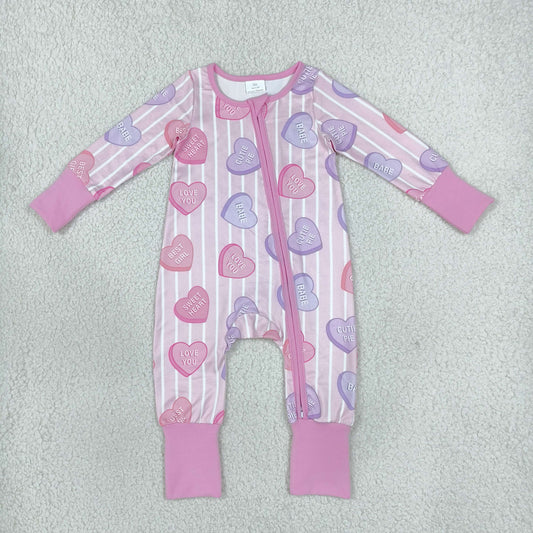 LR3325 Valentine's Love Stripe Pink Baby Footie Sleepers Romper