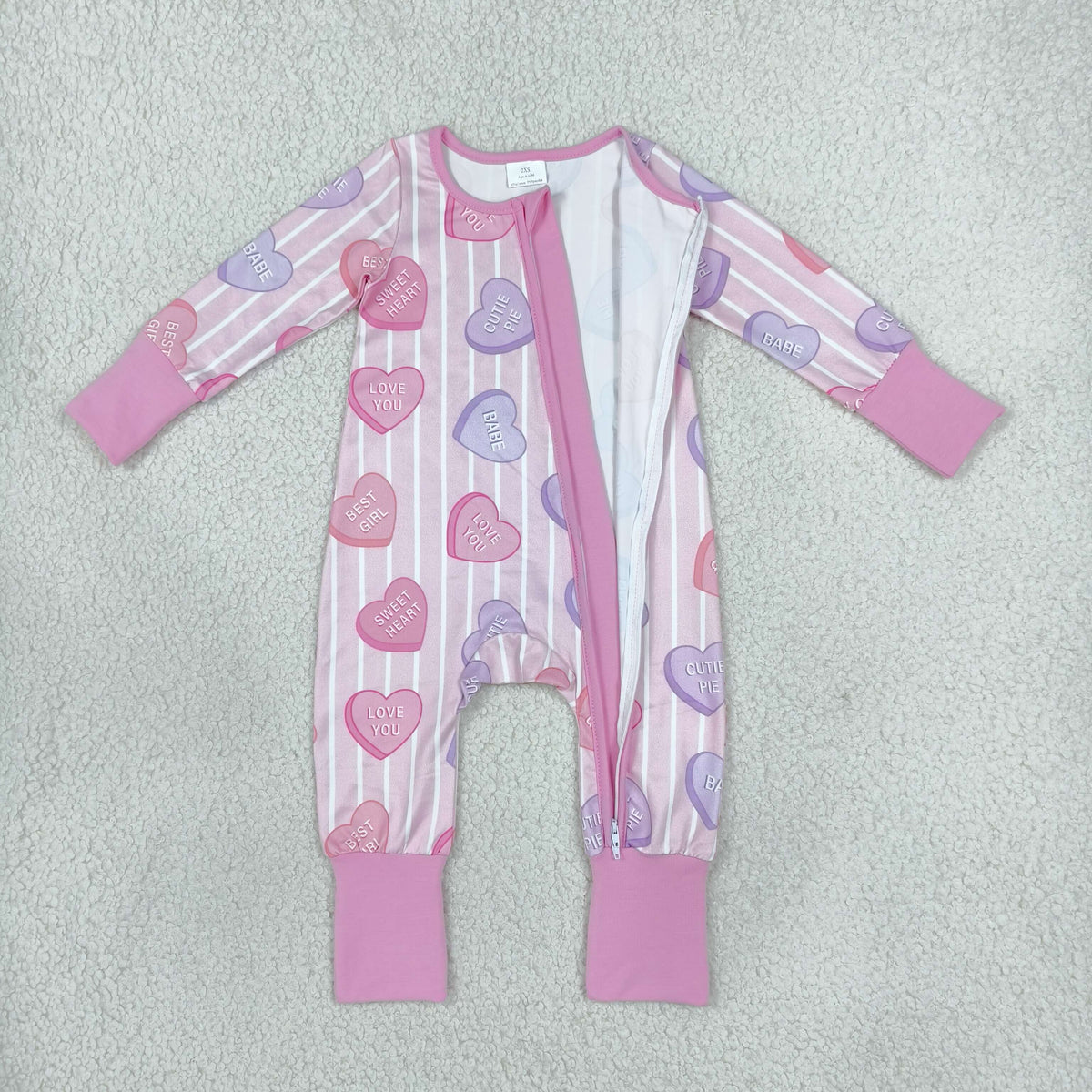 LR3325 Valentine's Love Stripe Pink Baby Footie Sleepers Romper