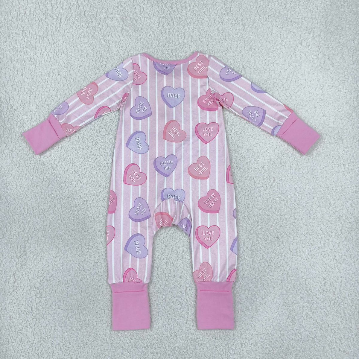 LR3325 Valentine's Love Stripe Pink Baby Footie Sleepers Romper