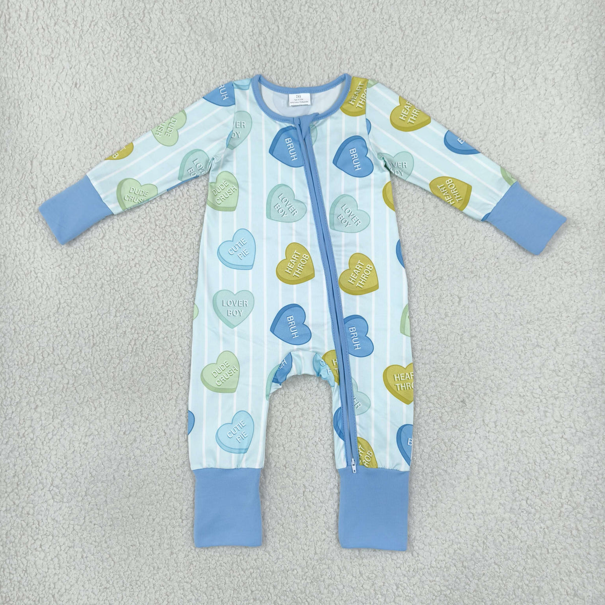LR3326 Valentine's Love Stripe Blue Baby Footie Sleepers Romper