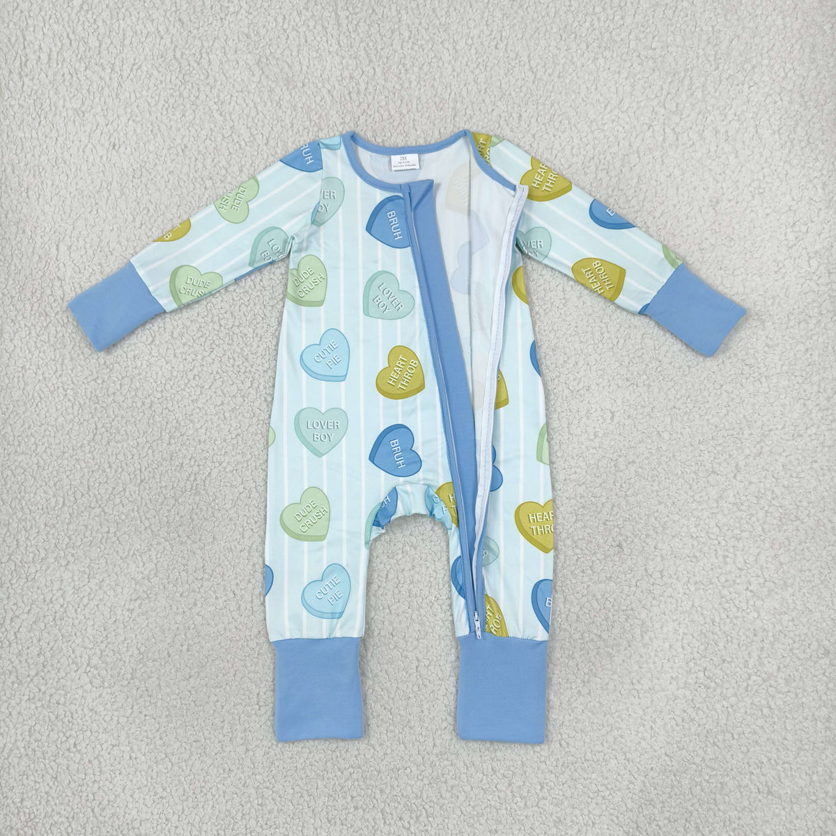 LR3326 Valentine's Love Stripe Blue Baby Footie Sleepers Romper