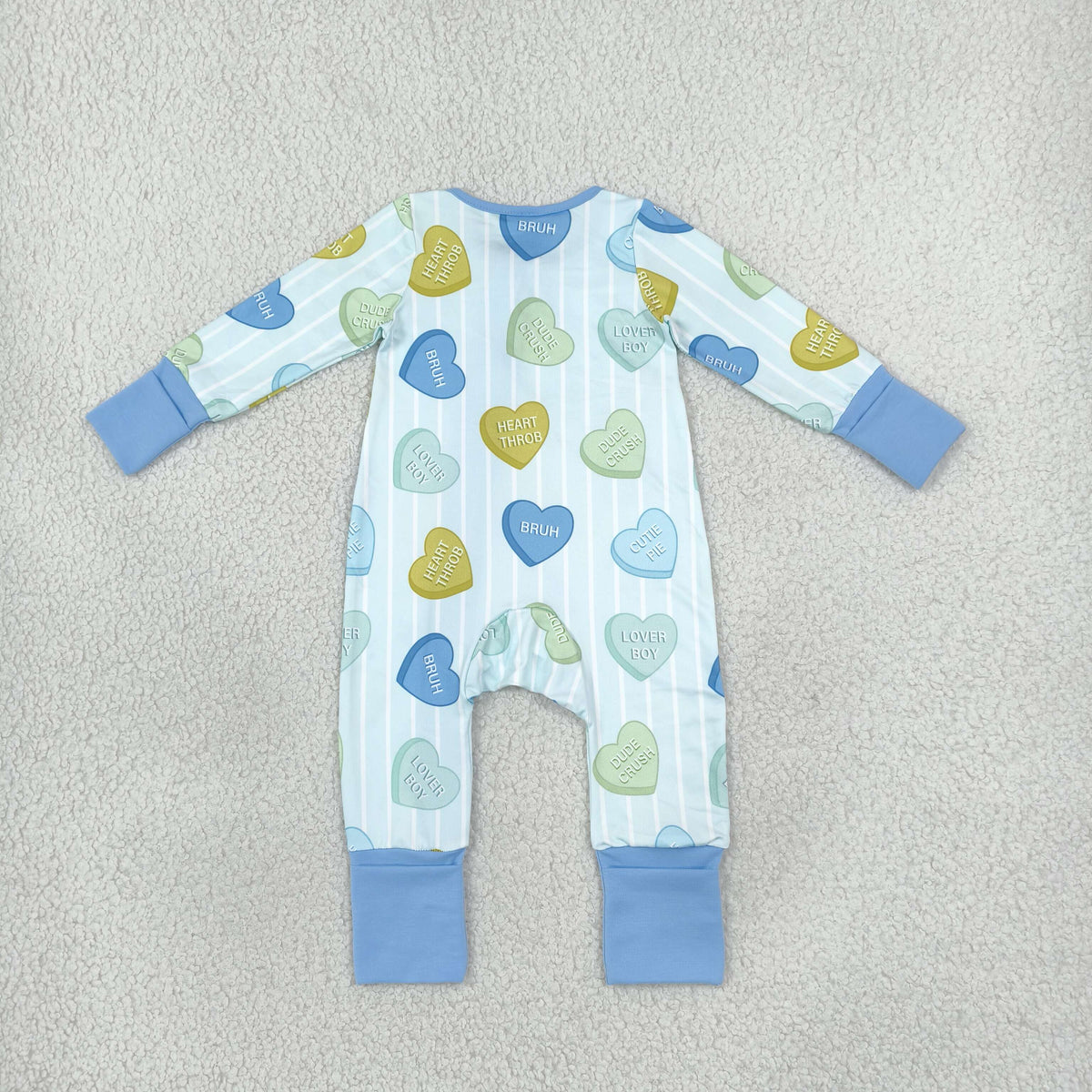 LR3326 Valentine's Love Stripe Blue Baby Footie Sleepers Romper
