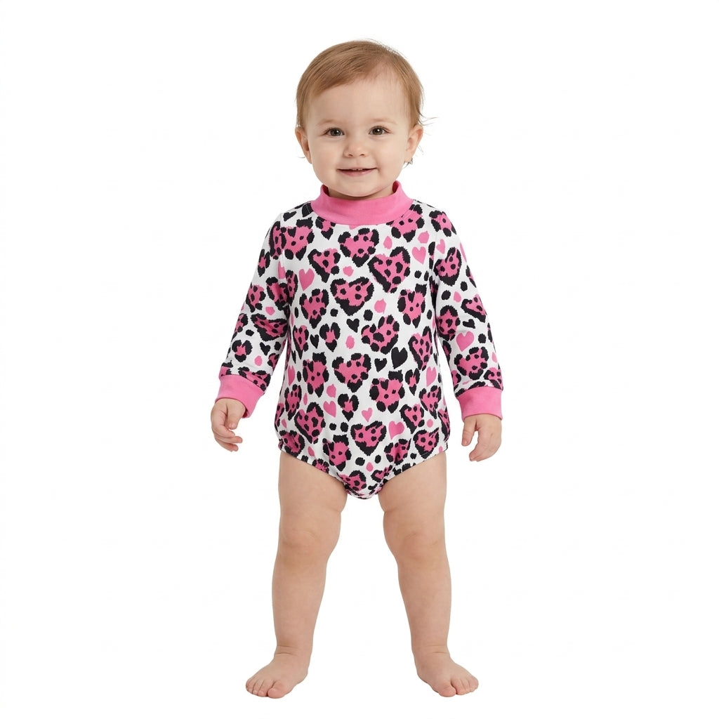 LR3332 Valentine's Day Love Leopard Rose Red Mockneck Baby Bubble Romper