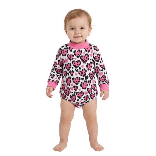 LR3332 Valentine's Day Love Leopard Rose Red Mockneck Baby Bubble Romper