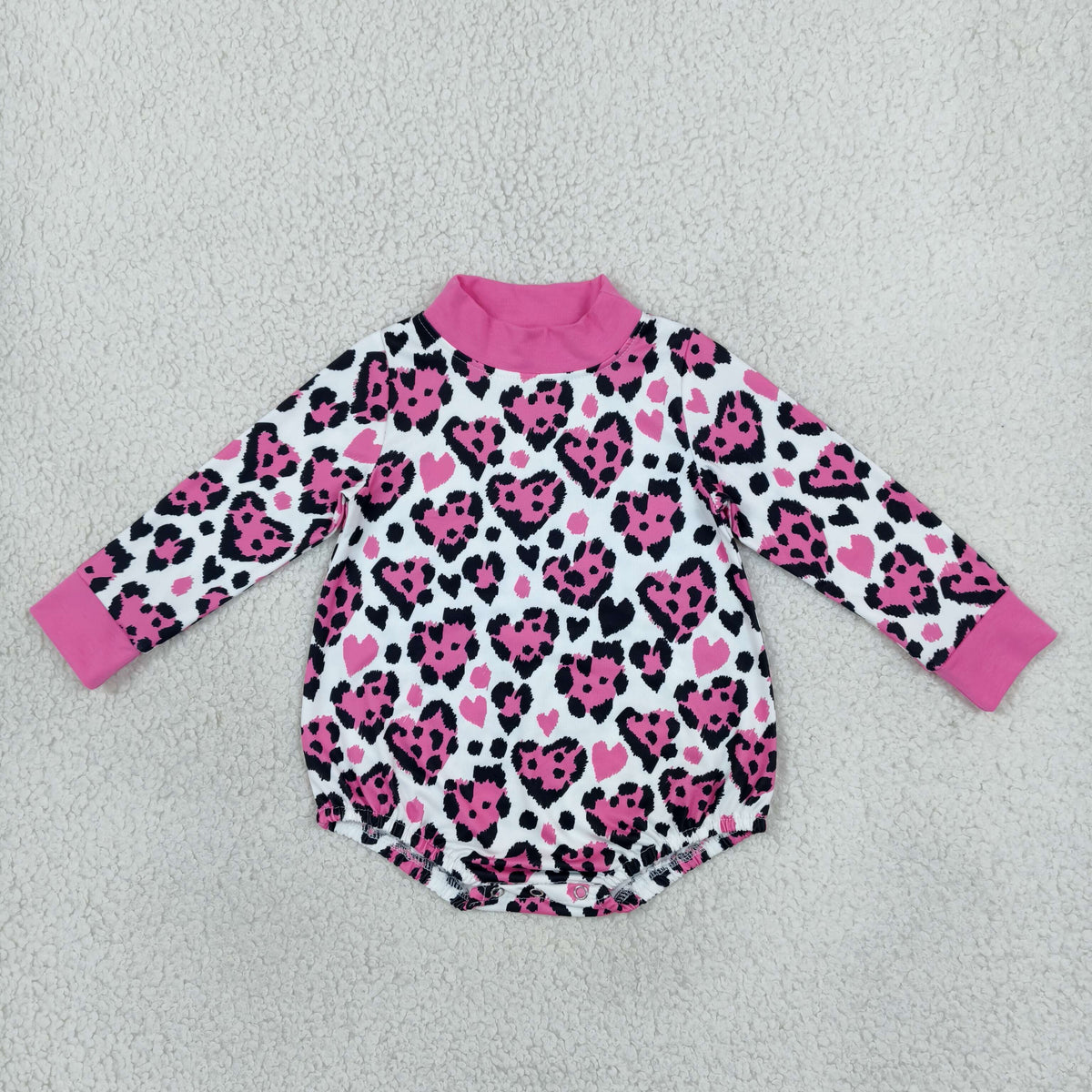 LR3332 Valentine's Day Love Leopard Rose Red Mockneck Baby Bubble Romper