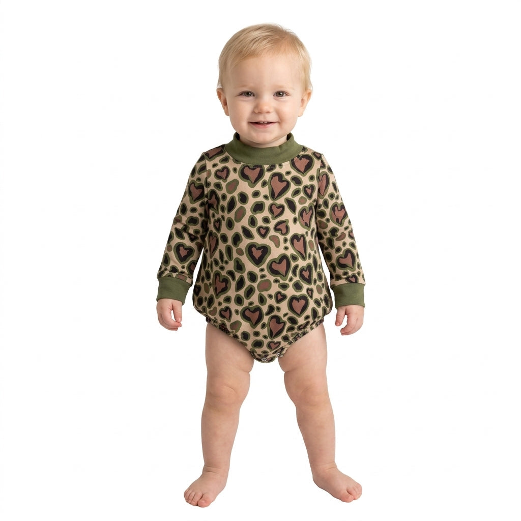 LR3333 Valentine's Day Love Leopard Green Mockneck Baby Bubble Romper