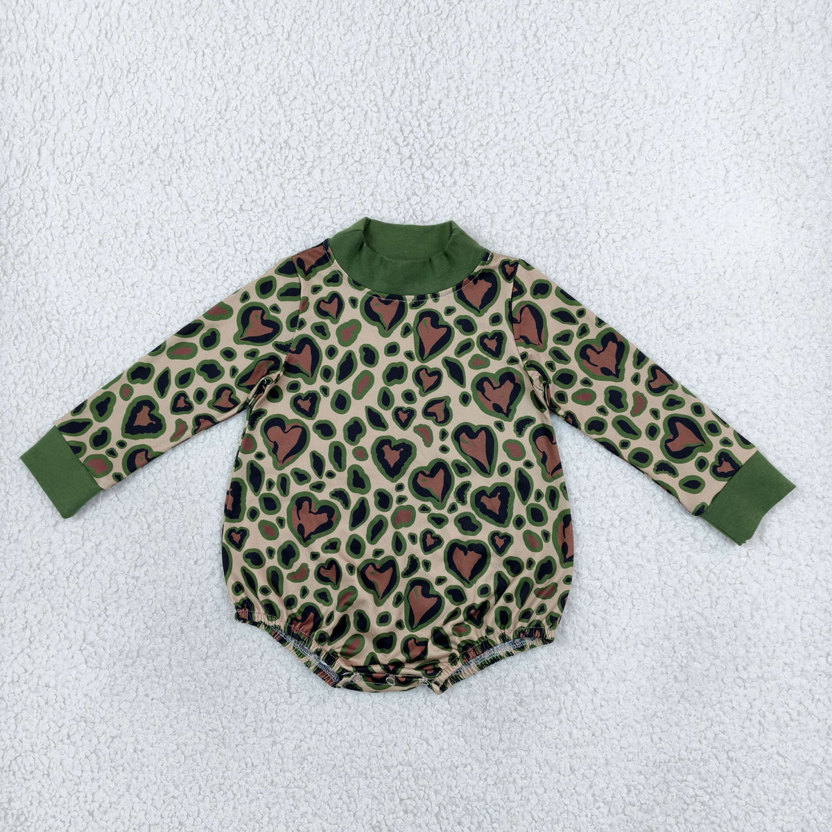 LR3333 Valentine's Day Love Leopard Green Mockneck Baby Bubble Romper
