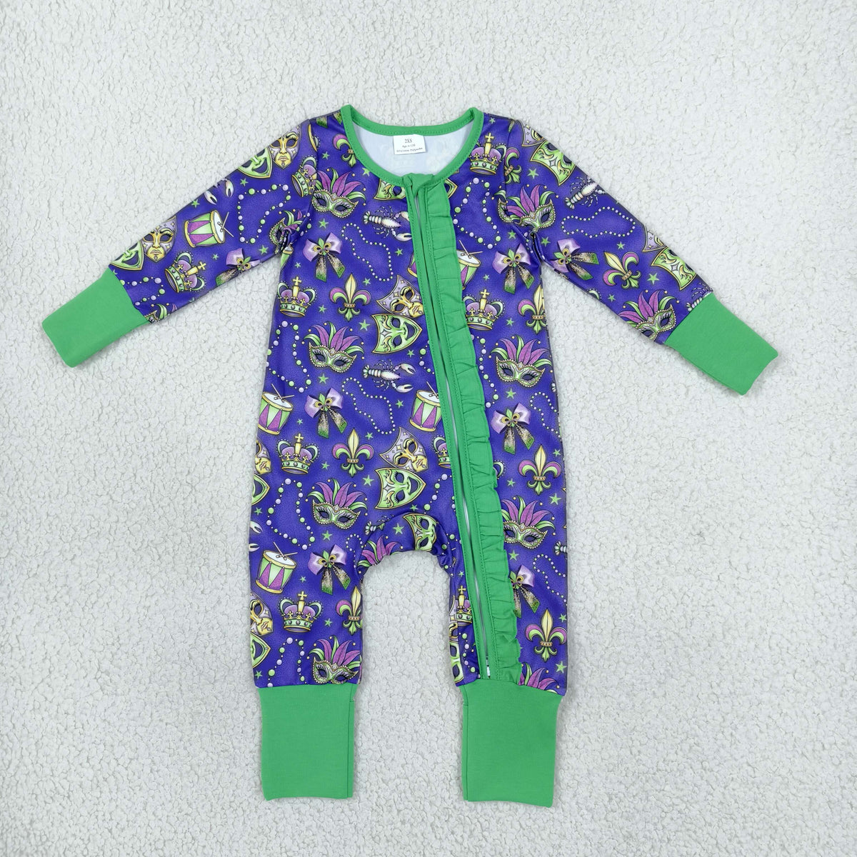 LR3334 Mardi Gras Mask Ruffle Baby Footie Sleepers Romper