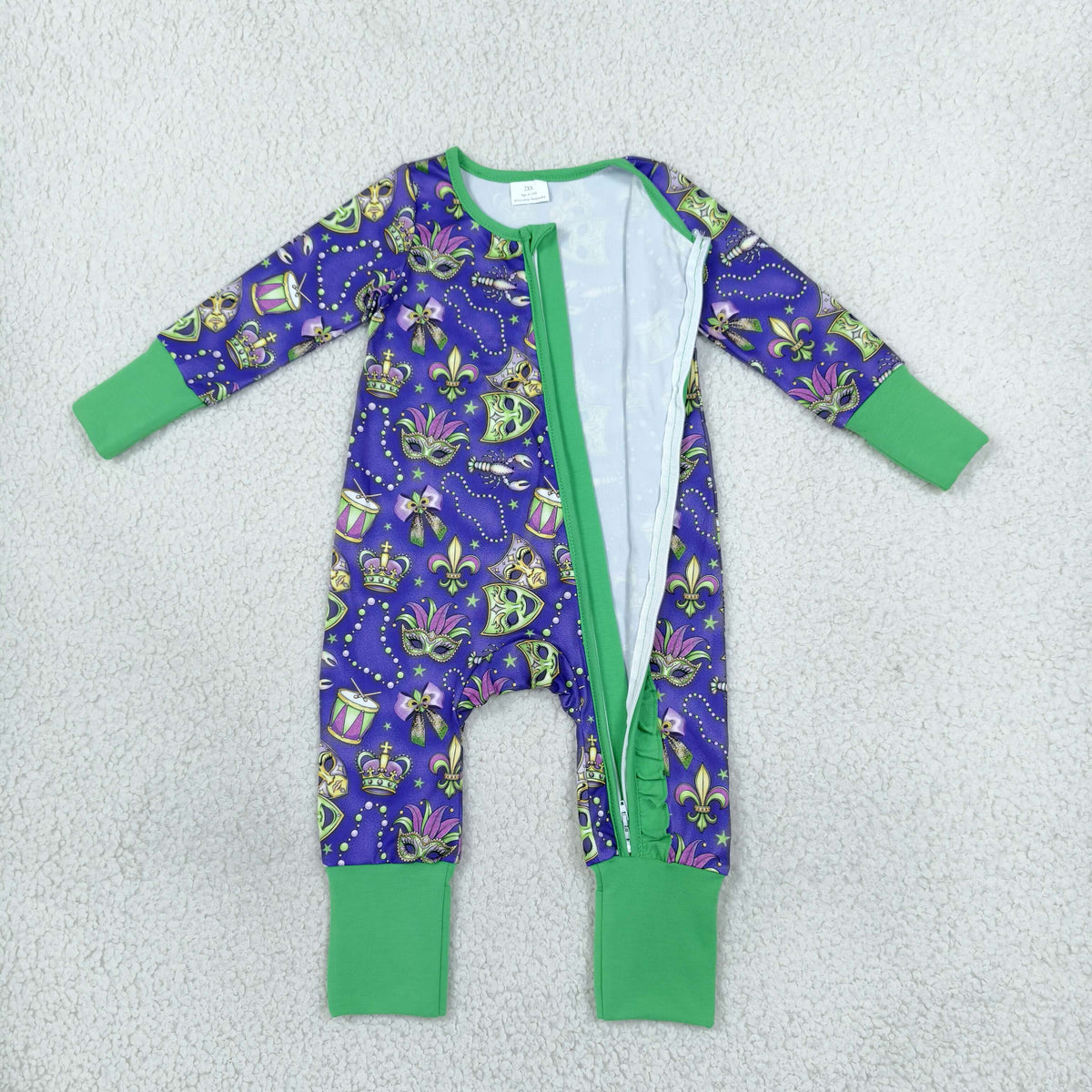 LR3334 Mardi Gras Mask Ruffle Baby Footie Sleepers Romper
