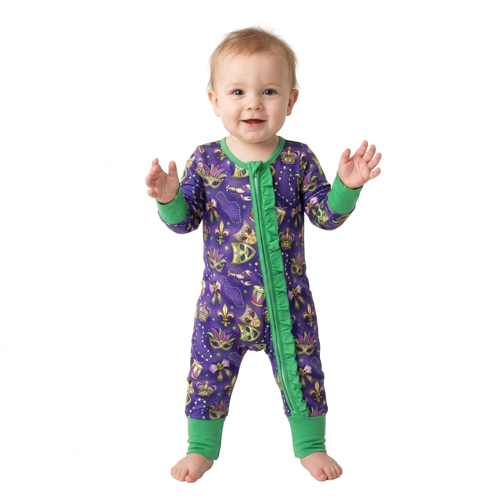 LR3334 Mardi Gras Mask Ruffle Baby Footie Sleepers Romper