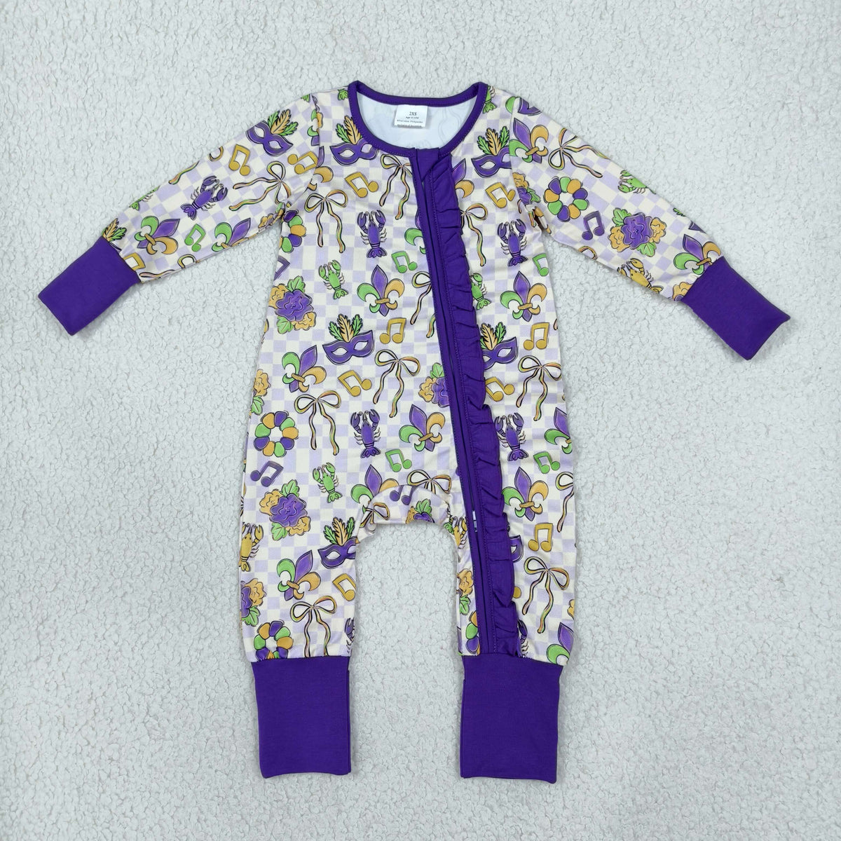 LR3335 Mardi Gras Mask Purple Ruffle Baby Footie Sleepers Romper
