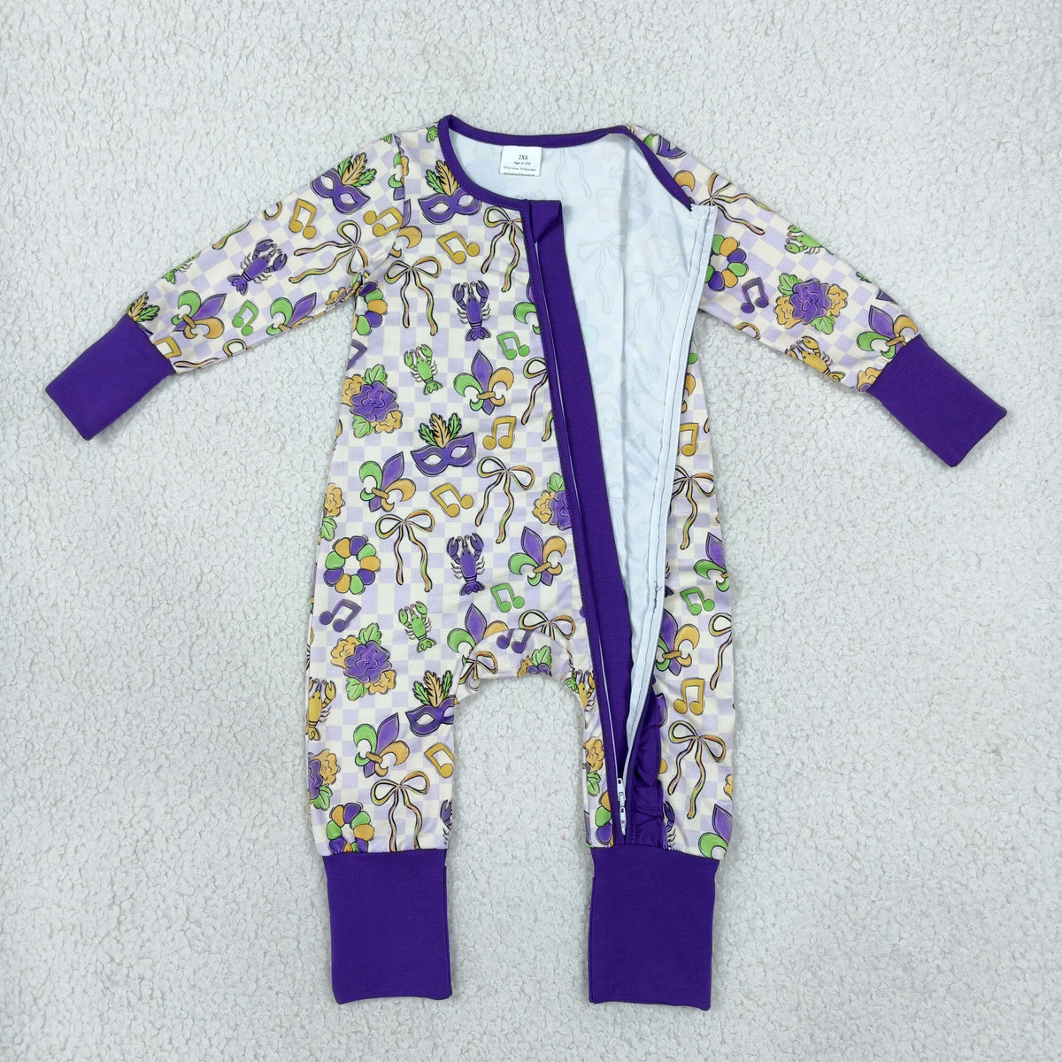 LR3335 Mardi Gras Mask Purple Ruffle Baby Footie Sleepers Romper