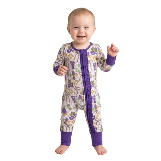 LR3335 Mardi Gras Mask Purple Ruffle Baby Footie Sleepers Romper