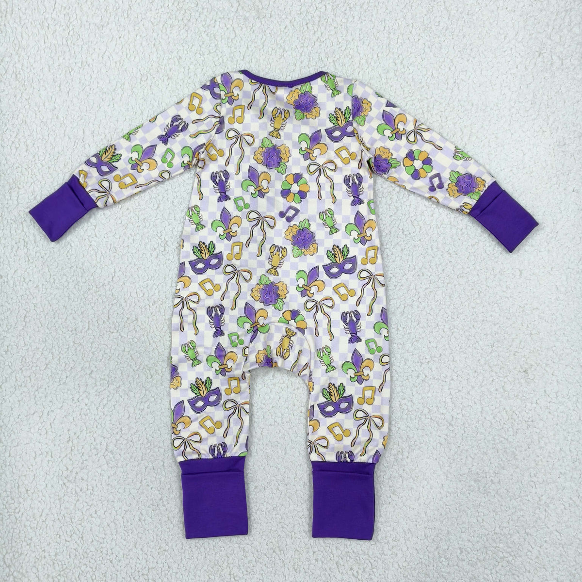 LR3335 Mardi Gras Mask Purple Ruffle Baby Footie Sleepers Romper