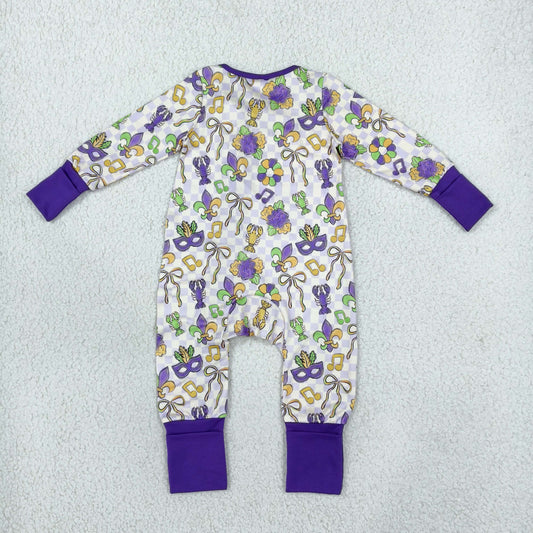 LR3335 Mardi Gras Mask Purple Ruffle Baby Footie Sleepers Romper